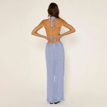 Women Sexy 2 Piece Outfits Tie Up Halter Neck Backless Tank Top and Wide Leg Drawstring Pants Set Clubwear (Sky Blue, S)