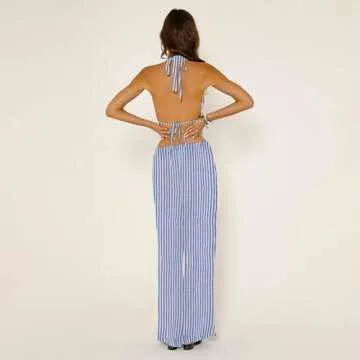 Women Sexy 2 Piece Outfits Tie Up Halter Neck Backless Tank Top and Wide Leg Drawstring Pants Set Clubwear (Sky Blue, S)