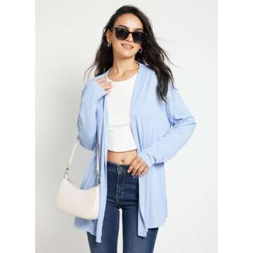 BALEAF Women's Lightweight Cardigan with Pockets Long Sleeve Shirts Open Front Sweaters Casual Loose Long Jackets Soft Drape Blue M