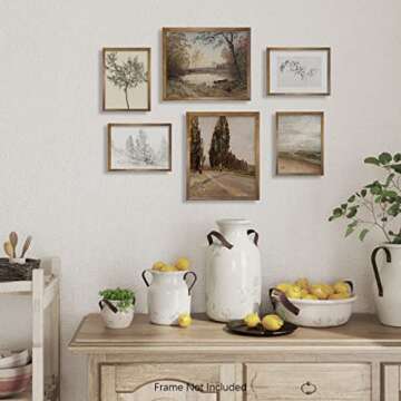 Rustic Modern Farmhouse Wall Art Decor - Boho Art Deco Victoria Pictures Bathroom - French Country Kitchen Poster - Aesthetic Vintage Landscape Set - Nature Forest Woodland Lake Tree Drawing Coastal