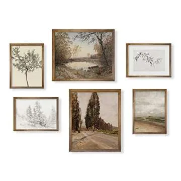 Rustic Modern Farmhouse Wall Art Decor - Boho Art Deco Victoria Pictures Bathroom - French Country Kitchen Poster - Aesthetic Vintage Landscape Set - Nature Forest Woodland Lake Tree Drawing Coastal