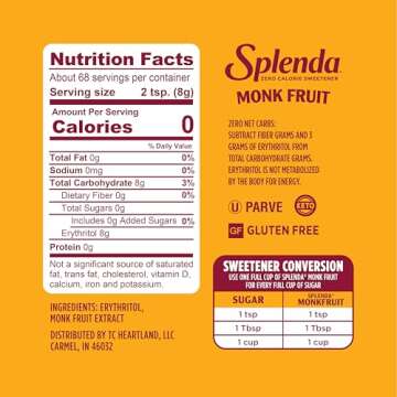 SPLENDA Monk Fruit Zero Calorie Plant Based Granulated Sweetener Jar, 19 oz
