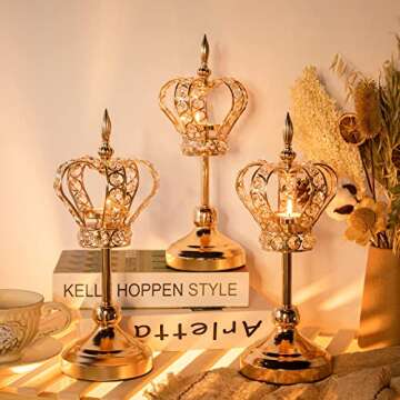 Mumufy 4 Pcs Gold Crystal Candle Holders Crown Candlestick 13.8 Inches Tealight Holders Metal Candel...