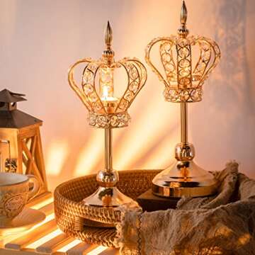 Mumufy 4 Pcs Gold Crystal Candle Holders Crown Candlestick 13.8 Inches Tealight Holders Metal Candelabra Vintage Votive Candlesticks Elegant Candle Centerpiece for Wedding Festival Dining Table Decor