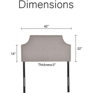 LAGRIMA Upholstered Nailhead Twin Size Headboard in Khaki Fabric, Twin, Height Adjustable