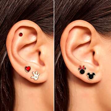 Disney Mickey and Minnie Mouse Earrings 5 Pack Official License, Red Crystal and Enamel Plated Stud ...