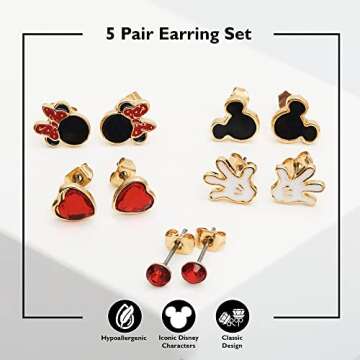 Disney Mickey and Minnie Mouse Earrings 5 Pack Official License, Red Crystal and Enamel Plated Stud Earrings