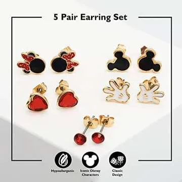 Disney Mickey and Minnie Mouse Earrings 5 Pack Official License, Red Crystal and Enamel Plated Stud Earrings