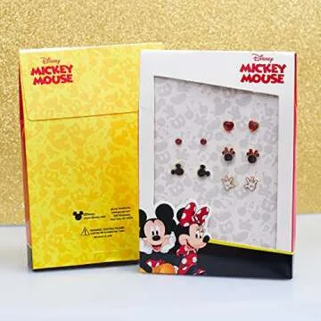 Disney Mickey and Minnie Mouse Earrings 5 Pack Official License, Red Crystal and Enamel Plated Stud Earrings
