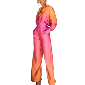THLAI 2 Piece Outfits for Women Gradient Long Sleeve Shirt Top and Wide Leg Pants Sets Lounge Sets 2...