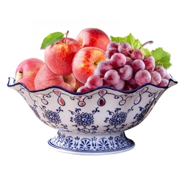 Fruit Bowl Serving Plate in Blue and White Porcelain - Elegant Decoration with Foot