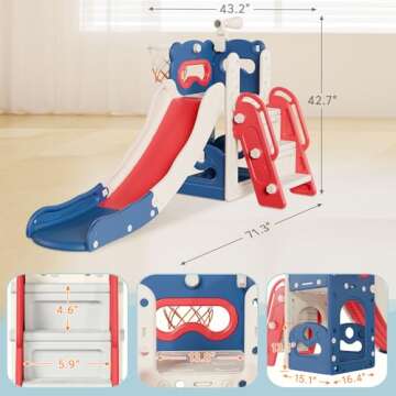 Babytronic Toddler Slide, 6 in 1 Kids Indoor Slide for Toddlers 1-3, Baby Slide for Indoor Outdoor with Basketball Hoop and Telescope, L Shaped Slide for Kids Toddler Slide Playset (Blue&Red)