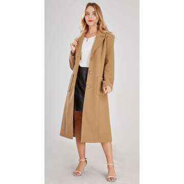 chouyatou Women's Big Notch Lapel Single Breasted Mid-Long Wool Blend Coat (Large, Camel)