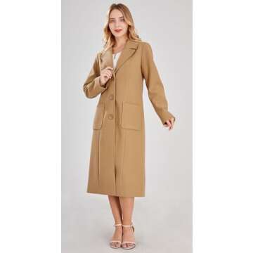 chouyatou Women's Big Notch Lapel Single Breasted Mid-Long Wool Blend Coat (Large, Camel)