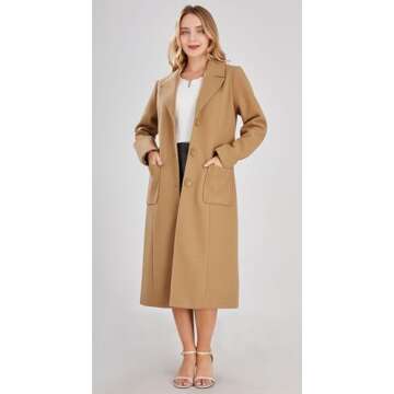 chouyatou Women's Big Notch Lapel Single Breasted Mid-Long Wool Blend Coat (Large, Camel)