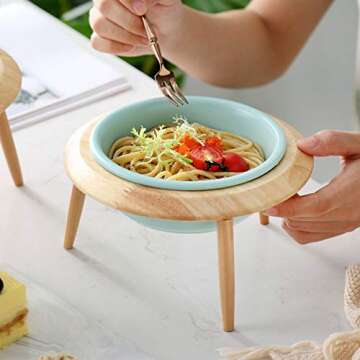 LIONWEI LIONWELI Blue Ceramic Adjustable Elevated Raised Pet Bowl with Wood Stand for Cats and Dogs No Spill Pet Food Water Feeder (3 Installation Methods for Different Height) Small