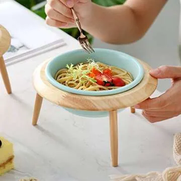 LIONWEI LIONWELI Blue Ceramic Adjustable Elevated Raised Pet Bowl with Wood Stand for Cats and Dogs No Spill Pet Food Water Feeder (3 Installation Methods for Different Height) Small