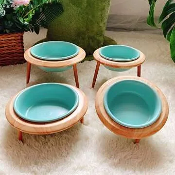 LIONWEI LIONWELI Blue Ceramic Adjustable Elevated Raised Pet Bowl with Wood Stand for Cats and Dogs No Spill Pet Food Water Feeder (3 Installation Methods for Different Height) Small