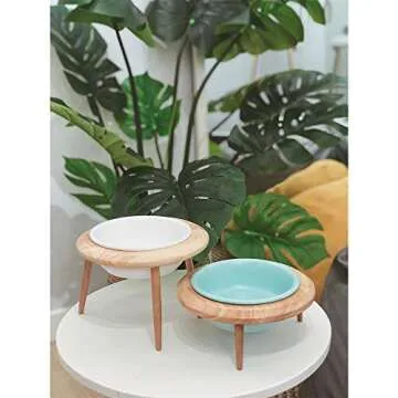 LIONWEI LIONWELI Blue Ceramic Adjustable Elevated Raised Pet Bowl with Wood Stand for Cats and Dogs No Spill Pet Food Water Feeder (3 Installation Methods for Different Height) Small
