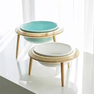 LIONWEI LIONWELI Blue Ceramic Adjustable Elevated Raised Pet Bowl with Wood Stand for Cats and Dogs No Spill Pet Food Water Feeder (3 Installation Methods for Different Height) Small