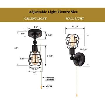 Industrial Farmhouse Close to Ceiling Light with Pull Chain