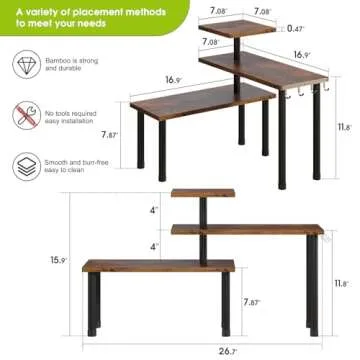 BMOSU Kitchen Corner Shelf - Adjustable Rustic Brown Countertop Organizer with Hooks