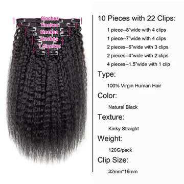 Alishow Kinky Straight Clip in Human Hair Extensions for Black Women Kinky Straight Clip Ins 16Inch ...