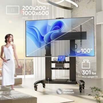 ONKRON Mobile TV Stand for 60-100 Inch TVs up to 301 lbs, Large & Heavy Duty TV Stand Height Adjustable max VESA 1000x600 - Mobile TV Cart Rolling TV Stand Tall/Portable TV Stand on Wheels