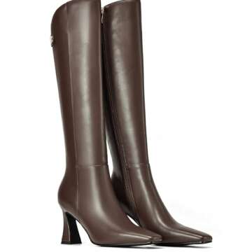 AIUNIIND Women's Knee High Boots Fashion Long Boots Dressy Square Toe Tall Boots with Side Zipper 3 Inch Flare Heel Brown 7.5