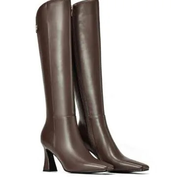 AIUNIIND Women's Knee High Boots Fashion Long Boots Dressy Square Toe Tall Boots with Side Zipper 3 Inch Flare Heel Brown 7.5