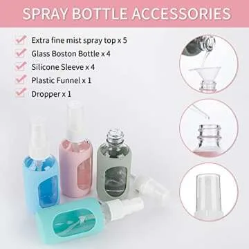 HOMBYS Empty Clear Glass 2oz Small Spray Bottles with Silicone Sleeve Protection - Refillable Containers for Travel, Cleaning Solutions, Essential Oils, Sanitizers - Fine Mist Spray - 4 Pack-Clear
