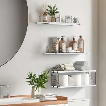 Fixwal 3+1 Tier Bathroom Floating Shelves Over Toilet, 15.8in Farmhouse Rustic Wood Shelves, Wall De...