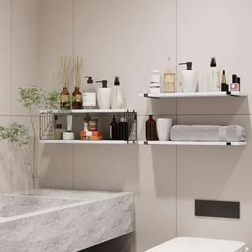 Fixwal 3+1 Tier Bathroom Floating Shelves Over Toilet, 15.8in Farmhouse Rustic Wood Shelves, Wall Decor for Bathroom, Living Room,Bedroom and Kitchen (White)