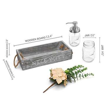 Wood Toilet Paper Holder, Farmhouse Nice Butt Bathroom Decor Box with 16oz Mason Jar Soap Dispenser&Rose Flower,Funny Home Decor Crate for Bathroom,Kitchen,Table Counter, Medium Grey