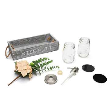 Wood Toilet Paper Holder, Farmhouse Nice Butt Bathroom Decor Box with 16oz Mason Jar Soap Dispenser&Rose Flower,Funny Home Decor Crate for Bathroom,Kitchen,Table Counter, Medium Grey