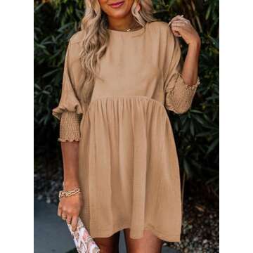 Dokotoo Womens Dresses Summer Spring Dress Empire Waist Cute Babydoll Tunic Dress Casual Short Sleeve Wedding Mini Dress A Line Dress Sundress Shirt Dress Plus Size Beige Dresses for Women Medium