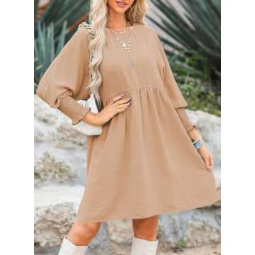 Dokotoo Womens Dresses Summer Spring Dress Empire Waist Cute Babydoll Tunic Dress Casual Short Sleeve Wedding Mini Dress A Line Dress Sundress Shirt Dress Plus Size Beige Dresses for Women Medium