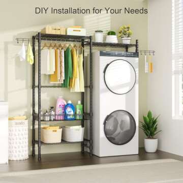 Ulif Clothes Drying Rack, Over Washer and Dryer Laundry Room Bathroom Towel Storage Shelf, Space Saver with Adjustable Shelves, Wire Basket, and Rotatable Hooks, 63.4"L x 13.4"D x 76.7"H, Black