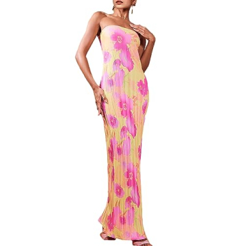 AnotherChill Strapless Pleated Maxi Tube Dress for Women