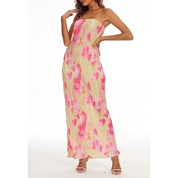 AnotherChill Strapless Pleated Maxi Tube Dress for Women