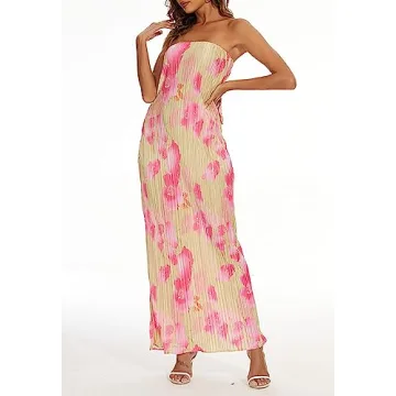AnotherChill Strapless Pleated Maxi Tube Dress for Women