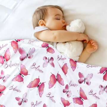 BORITAR Soft Plush Baby Blankets for Girls with Elegant Pink Butterfly Pattern, Double Layer Minky Fabric with Dotted Backing Believe Blanket Gift for Toddler Newborn Infant 30 x 40 Inch(75x100cm)
