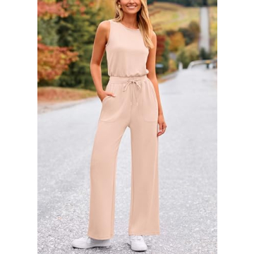PRETTYGARDEN Womens Casual Jumpsuits Summer Fashion Clothes Sleeveless Palazzo Pants Romper Outfits (Beige,Small)