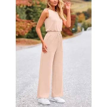 PRETTYGARDEN Womens Casual Jumpsuits Summer Fashion Clothes Sleeveless Palazzo Pants Romper Outfits (Beige,Small)