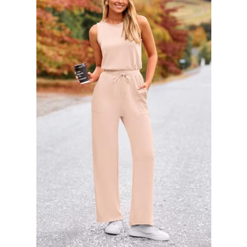 PRETTYGARDEN Womens Casual Jumpsuits Summer Fashion Clothes Sleeveless Palazzo Pants Romper Outfits (Beige,Small)