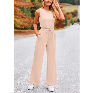 PRETTYGARDEN Womens Casual Jumpsuits Summer Fashion Clothes Sleeveless Palazzo Pants Romper Outfits (Beige,Small)