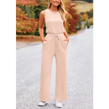 PRETTYGARDEN Womens Casual Jumpsuits Summer Fashion Clothes Sleeveless Palazzo Pants Romper Outfits (Beige,Small)
