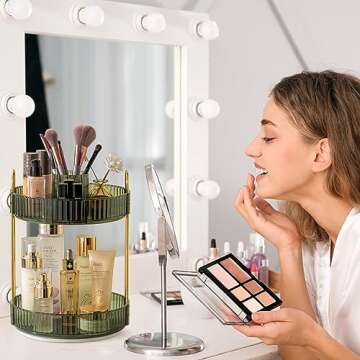 shuang qing 360° Rotating Makeup Organizer, High-Capacity Bathroom Countertop Vanity Organizers, 2 Tier Spinning Skincare Storage, for Perfume/Cosmetic/Makeup Brushes/Lotion（Green）