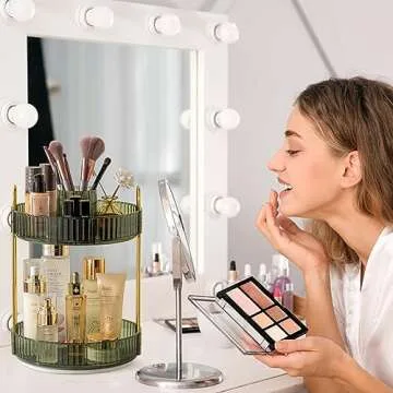 shuang qing 360° Rotating Makeup Organizer, High-Capacity Bathroom Countertop Vanity Organizers, 2 Tier Spinning Skincare Storage, for Perfume/Cosmetic/Makeup Brushes/Lotion（Green）