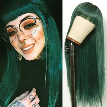 Fugady Ombre Green Wig with Bangs Long Straight Wigs With Bangs 2 Tone Dark Roots Mixed Color Green ...